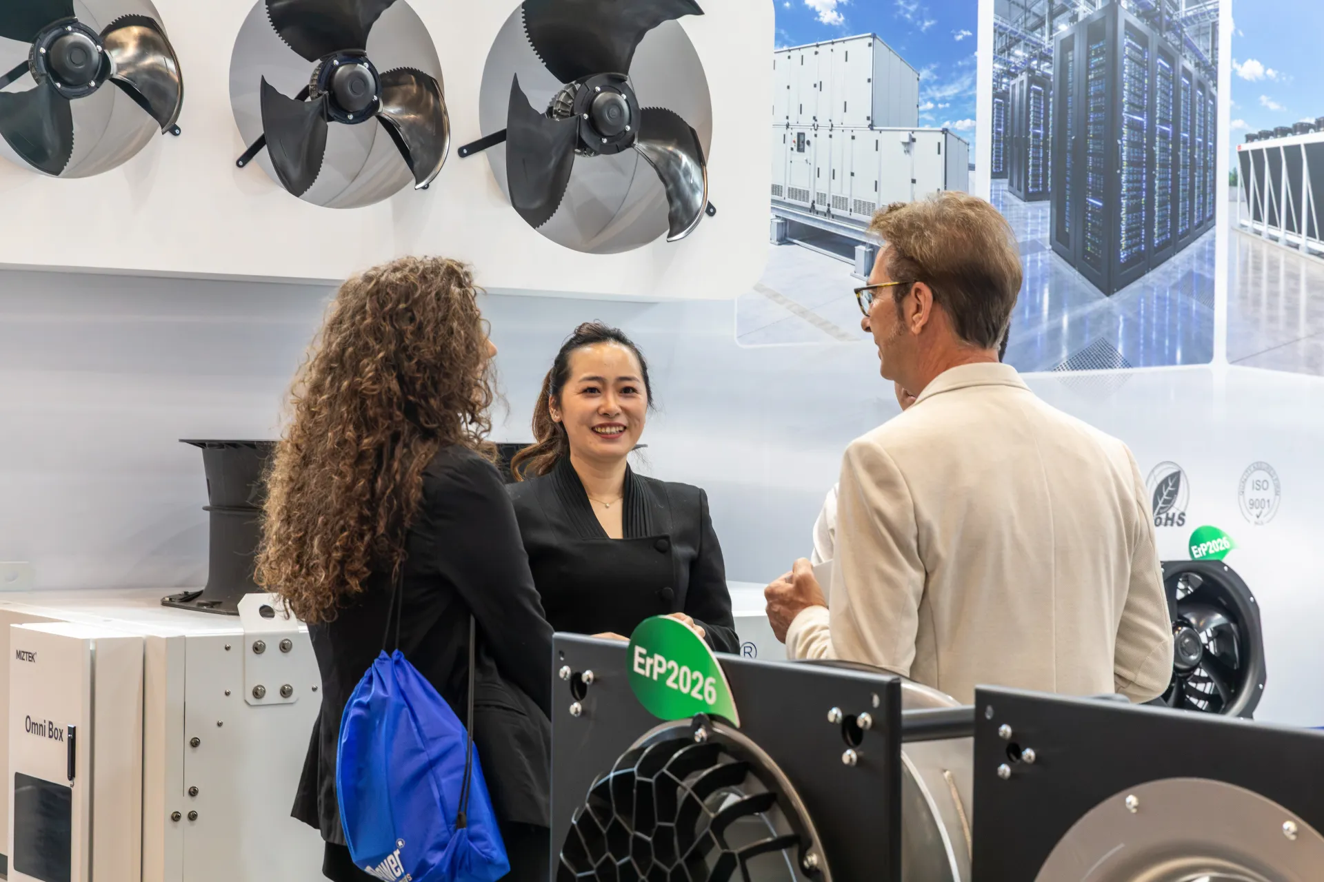 Centrifugal fans tagged "ErP2026" beside a Miztek Omni Box unit at Chillventa 2026