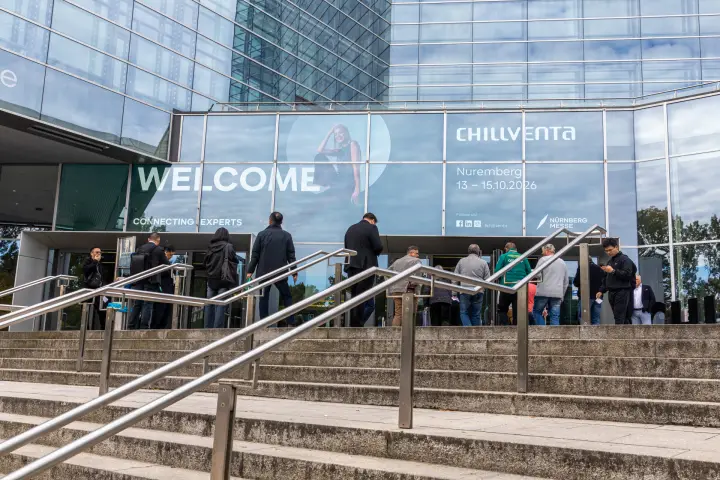 Chillventa 2026 welcome banner above the glass entrance in Nuremberg