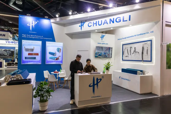 Chuangli stand with heat exchanger coils and refrigerant hose assemblies at Chillventa 2026