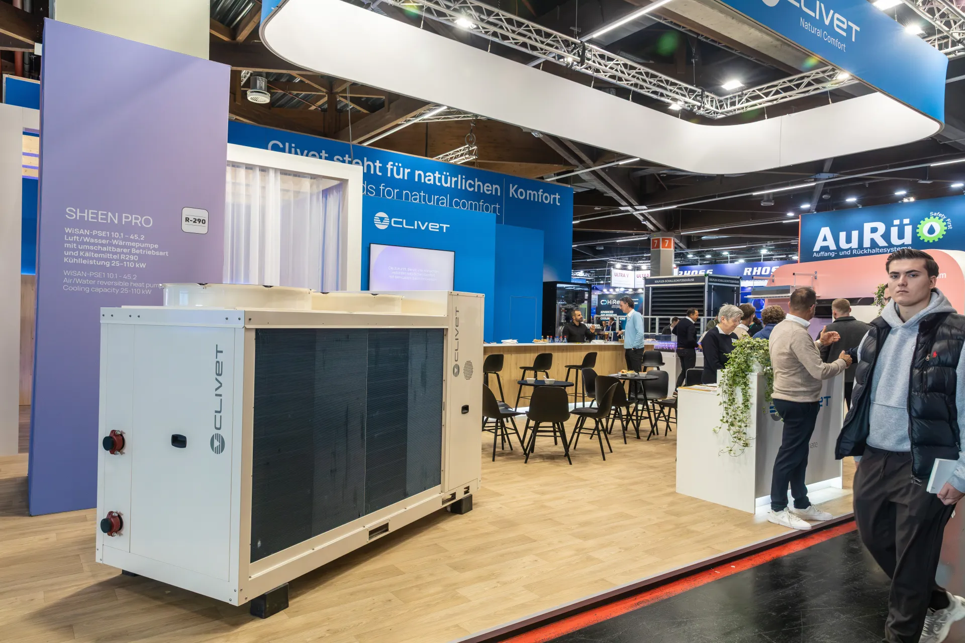 Clivet SHEEN PRO R-290 air-to-water heat pump at the front of the stand at Chillventa 2026