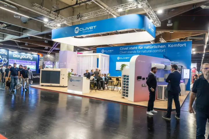 Clivet stand with VRF outdoor units and a "natural comfort" wall at Chillventa 2026