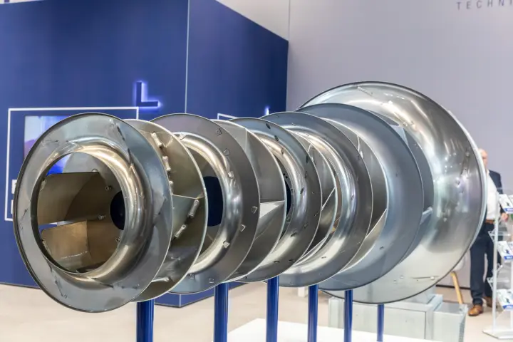Close-up of welded sheet-metal centrifugal impellers at LTi Metalltechnik at Chillventa 2026