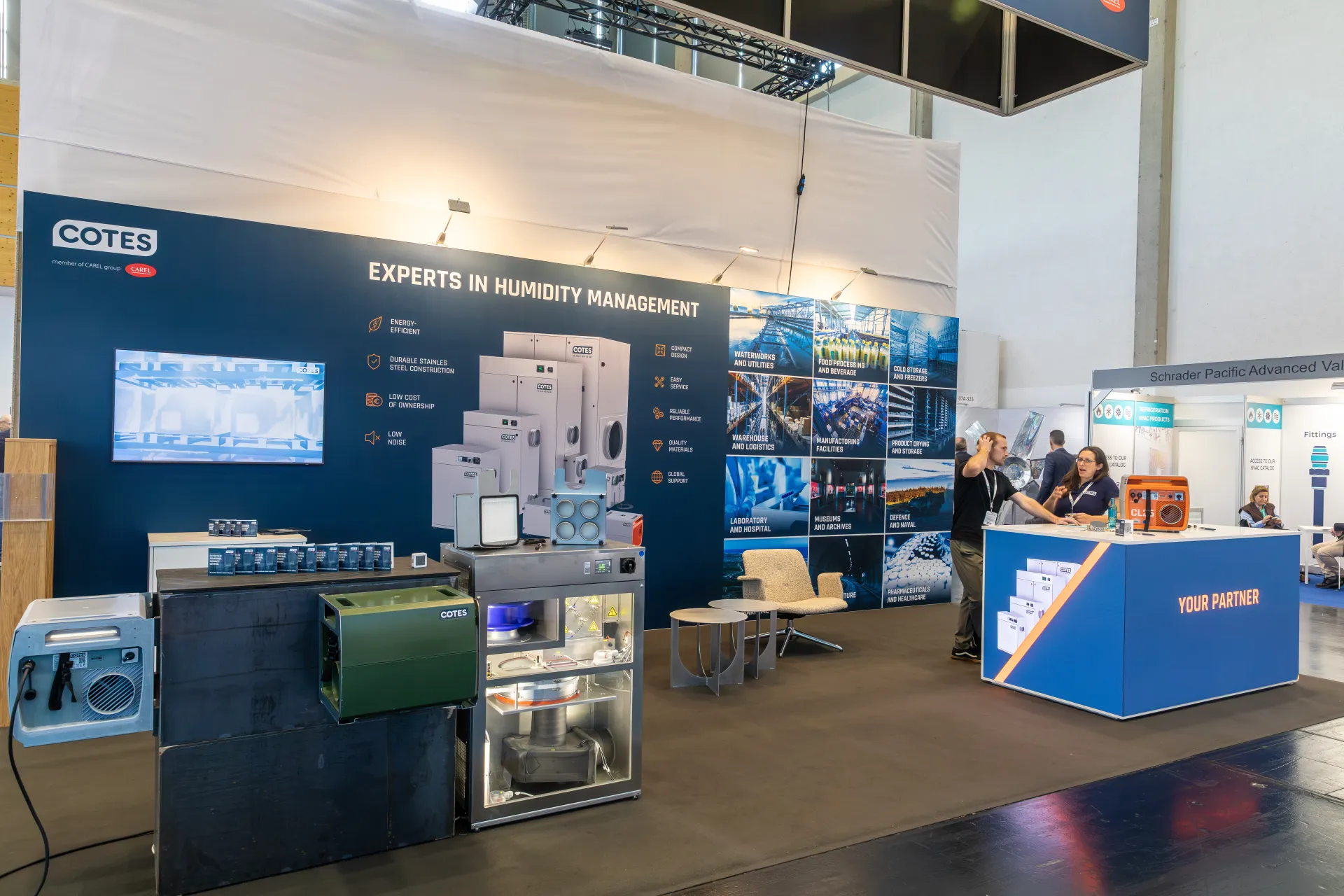 Cotes "Experts in Humidity Management" stand with open dehumidifiers at Chillventa 2026