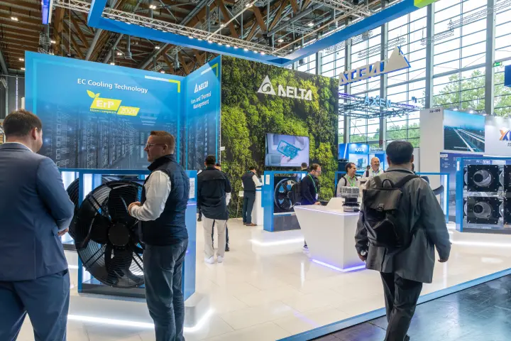 Delta stand with large axial fan and "EC Cooling Technology" wall at Chillventa 2026