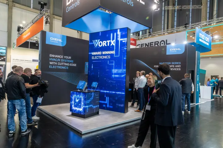 Diehl Controls stand with VORTX ‘Award Winning Electronics’ LED tower at Chillventa 2026