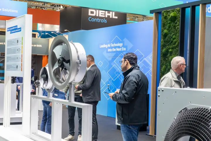 ebm-papst axial fans on a display rail by the ‘Leading Air Technology’ wall at Chillventa 2026