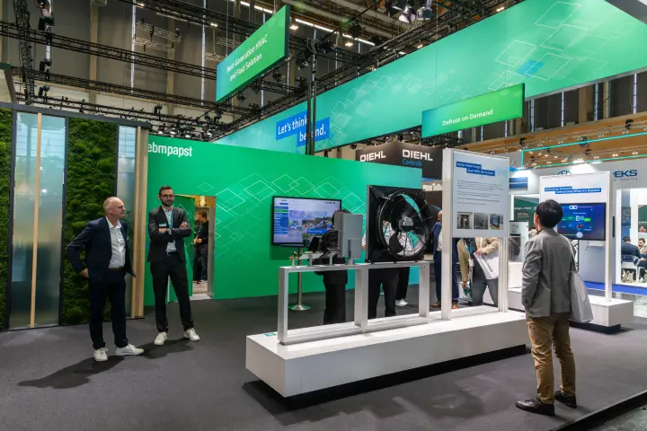 ebm-papst heat pump fan display under "Defrost on Demand" signs at Chillventa 2026