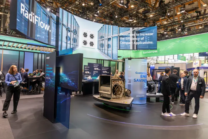 ebm-papst RadiFlow LED wall above the retrofit fan exhibit at Chillventa 2026