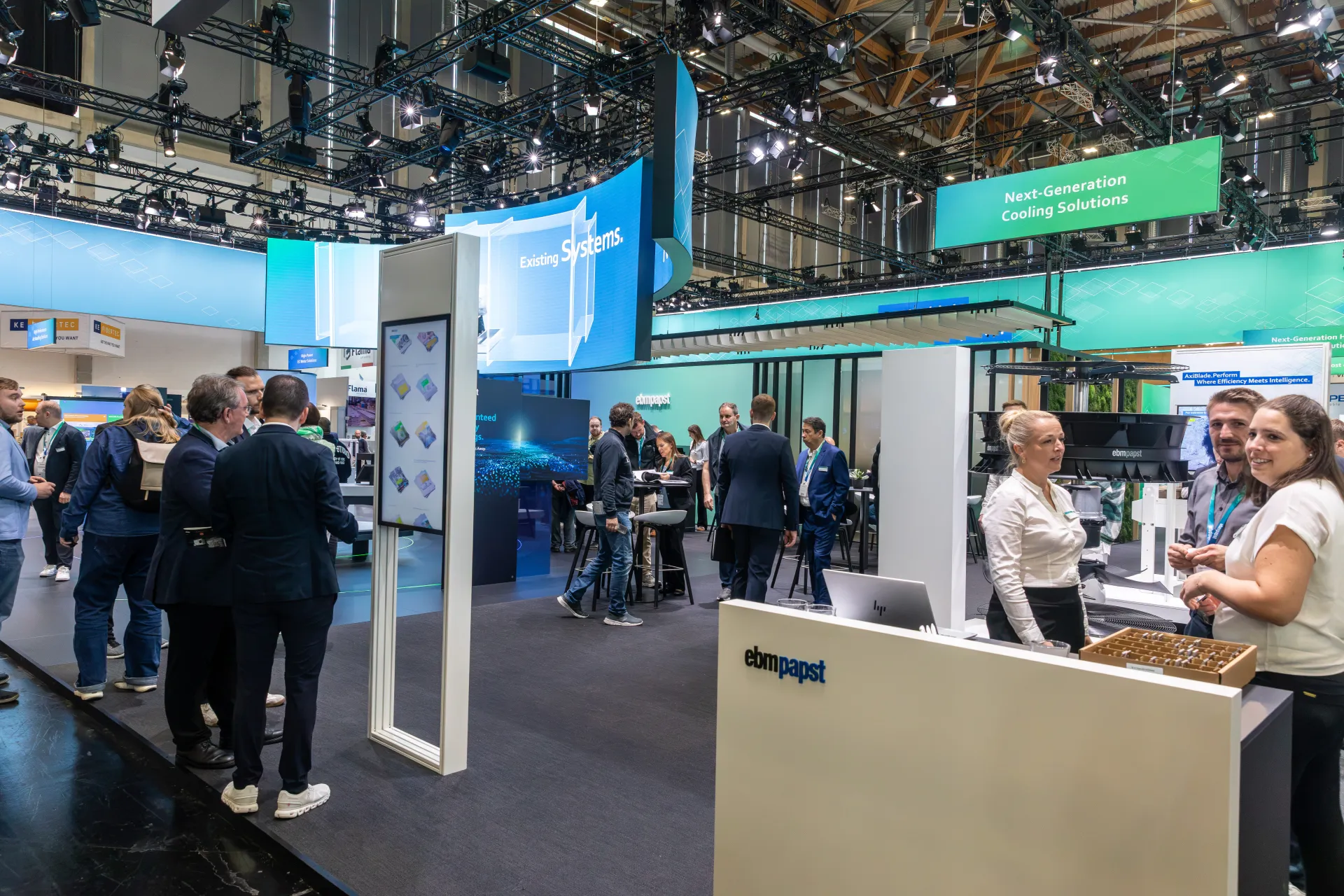 ebm-papst stand counter with curved LED screens overhead at Chillventa 2026