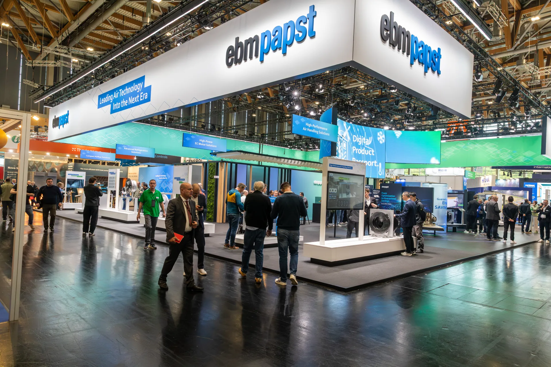 ebm-papst stand under a white fascia with ‘Leading Air Technology’ at Chillventa 2026