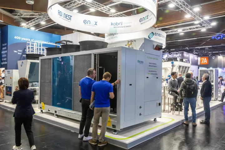 Enex Technologies CO2 rack and gas cooler unit with visitors at the door at Chillventa 2026