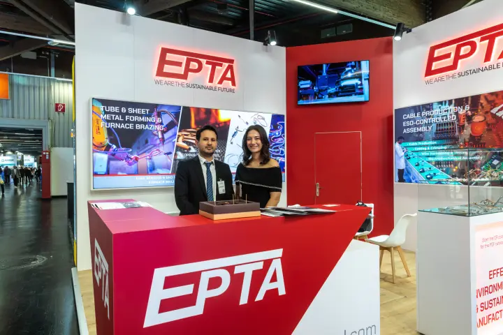 EPTA stand with red counter, backlit logos and cable production display at Chillventa 2026