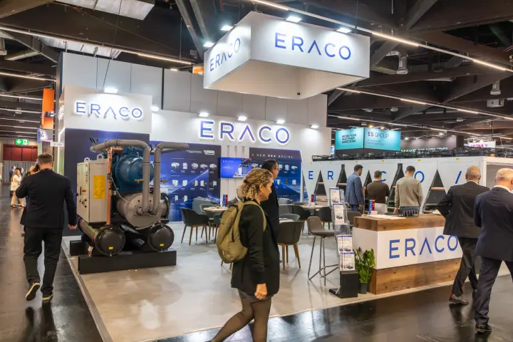 Eraco stand with a water-cooled chiller, lounge area and wood-clad counter at Chillventa 2026