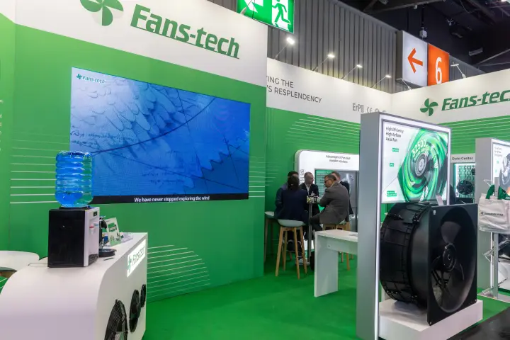 Fans-tech video wall and "High Efficiency High Airflow Axial Fan" display at Chillventa 2026