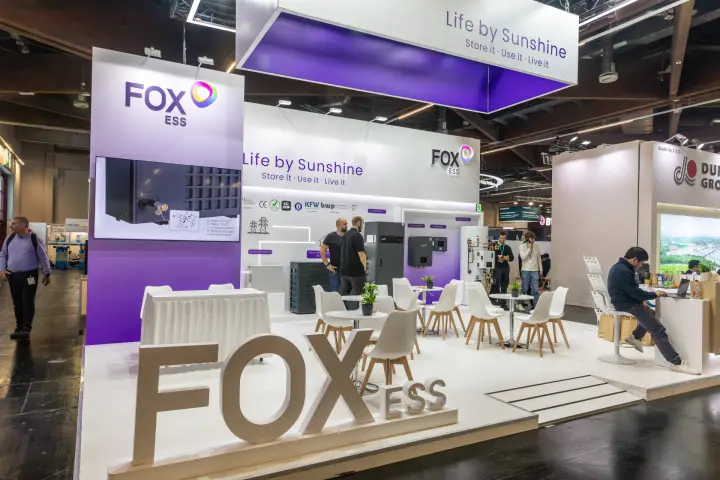 Fox ESS stand with 3D lettering and 'Life by Sunshine' hanging banner at Chillventa 2026