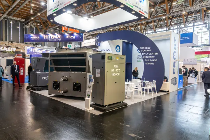 Frost Italy stand with indoor R290 unit and blue arch graphics at Chillventa 2026