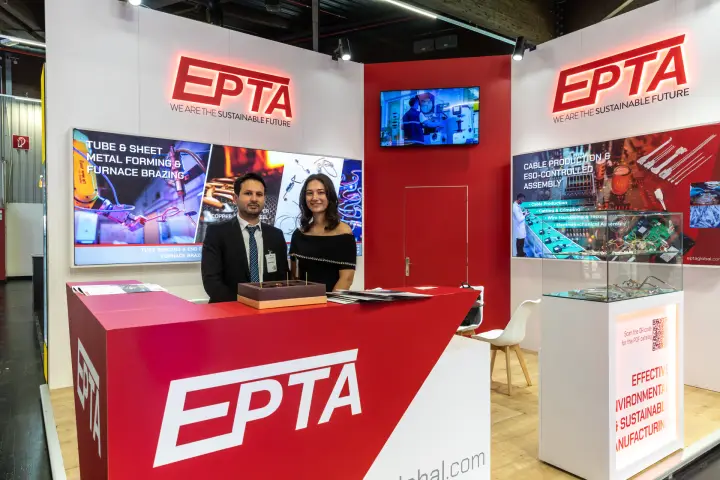 Full view of the EPTA stand with glass showcase of brazed tube assemblies at Chillventa 2026