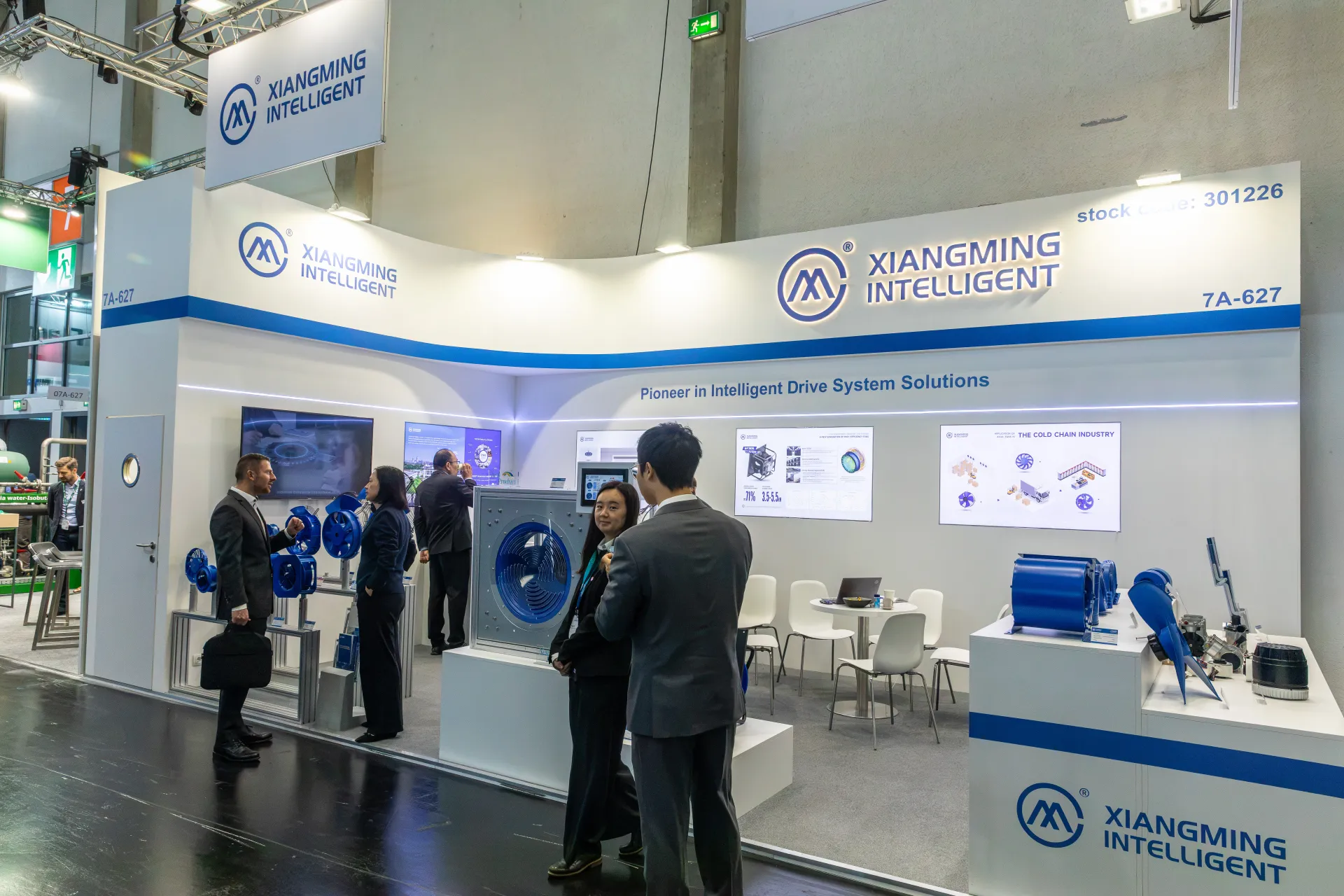 Full view of the Xiangming Intelligent stand 7A-627 with its hanging sign at Chillventa 2026