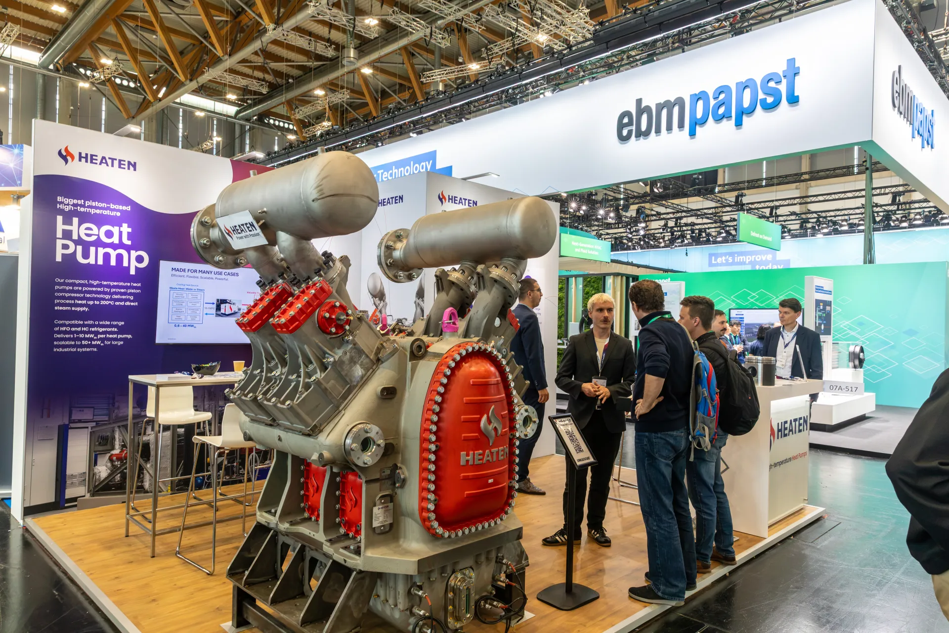 Heaten stand with a large piston compressor for high-temperature heat pumps at Chillventa 2026