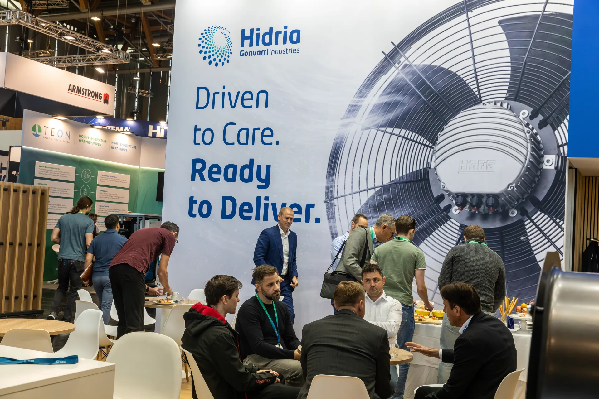 Hidria "Driven to Care. Ready to Deliver." backdrop above the lounge at Chillventa 2026