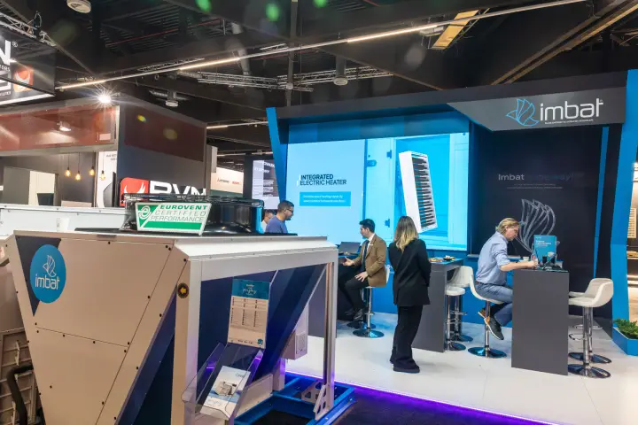Imbat rooftop unit with Eurovent label and "Integrated Electric Heater" screen at Chillventa 2026