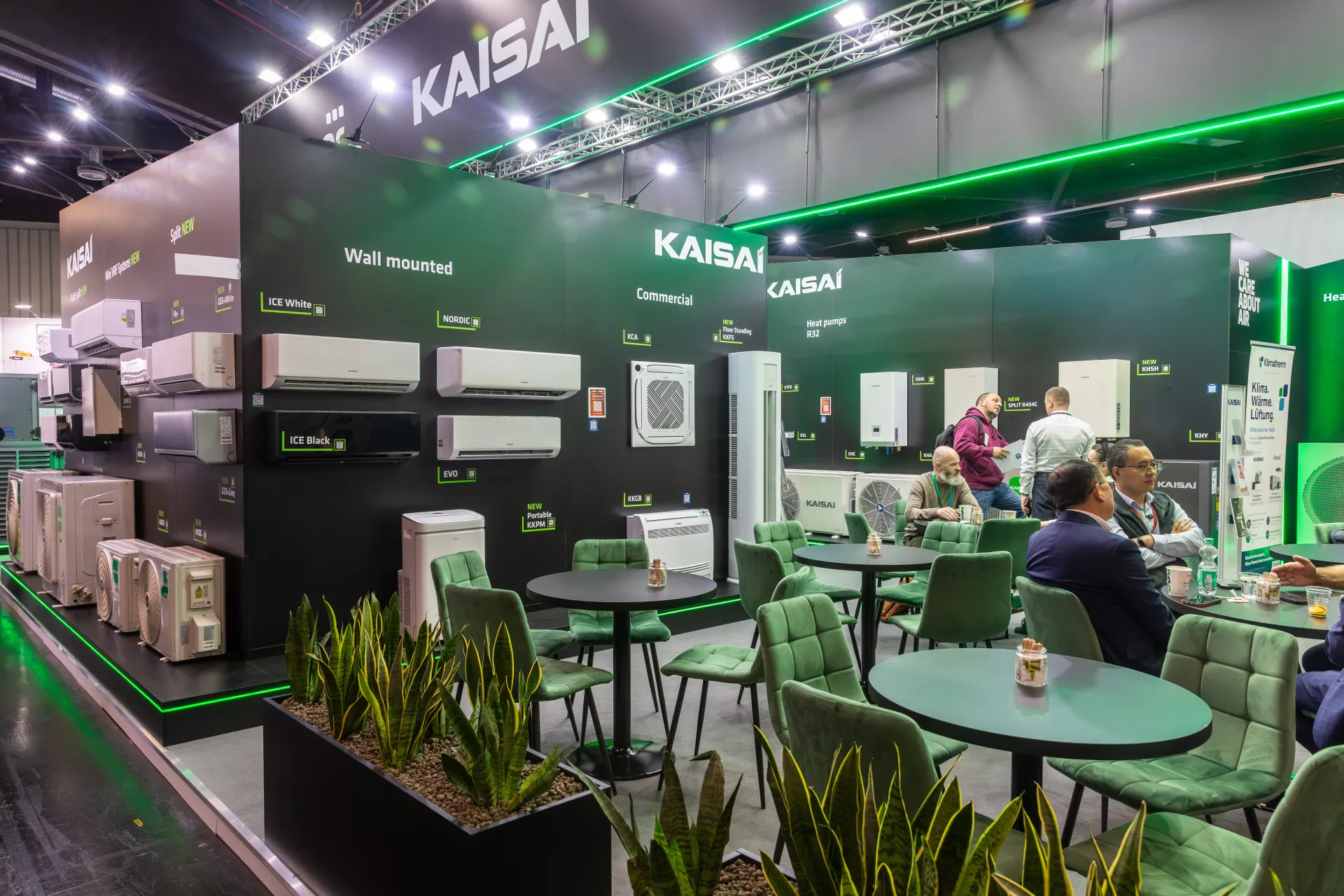 Kaisai product wall of split air conditioners and outdoor units at Chillventa 2026