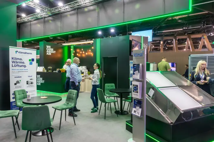 Klima-Therm coffee bar 'We Care About Air' with Klimor unit display at Chillventa 2026