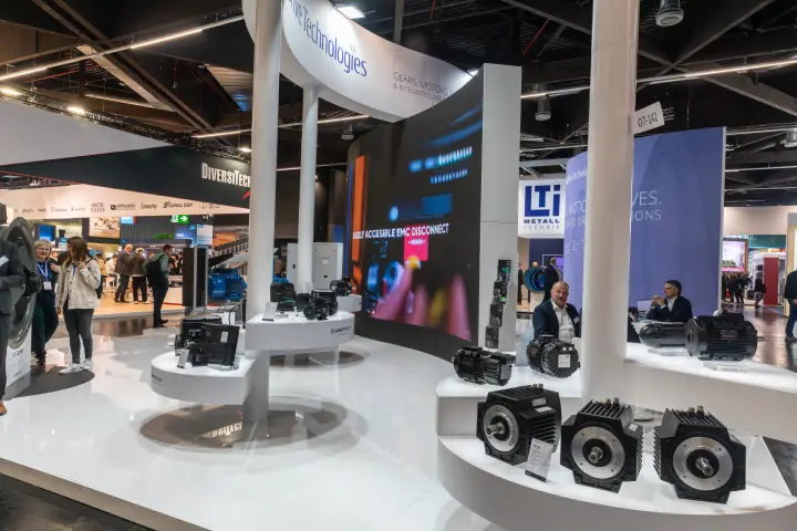 Lafert motors on white tiered podiums at Sumitomo Drive Technologies at Chillventa 2026