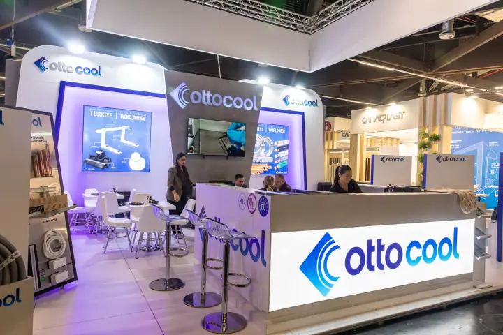 Ottocool illuminated counter with copper tube and drain hose displays at Chillventa 2026