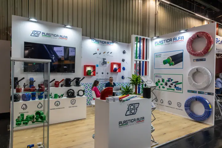 Plastica Alfa stand with PP-R fittings, valves and coiled pipes at Chillventa 2026