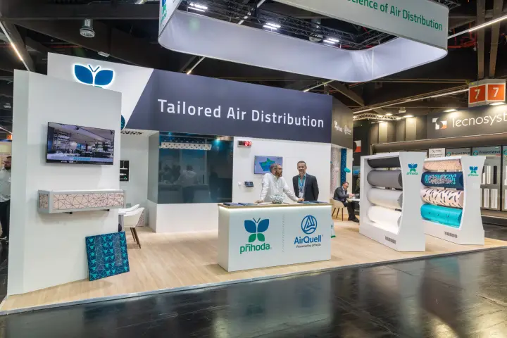 Prihoda 'Tailored Air Distribution' stand with printed textile ducts at Chillventa 2026