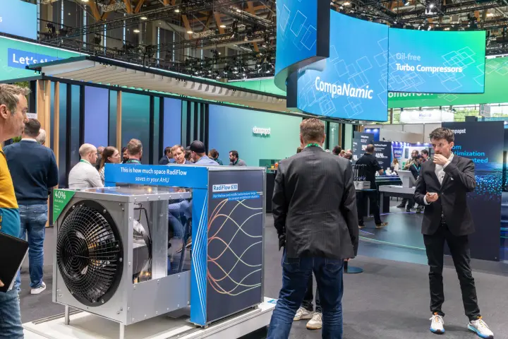 RadiFlow 630 fan module showing space saved inside an AHU at Chillventa 2026