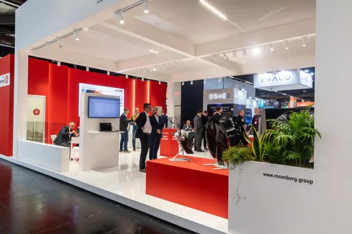 Rosenberg stand with fans on a red plinth and a monitor column at Chillventa 2026