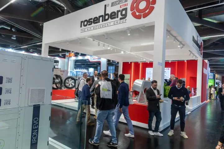 Rosenberg stand front with logo fascia, axial fans and passing visitors at Chillventa 2026
