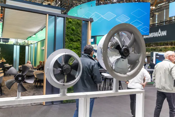 Row of ebm-papst axial fans and impellers in three sizes at Chillventa 2026