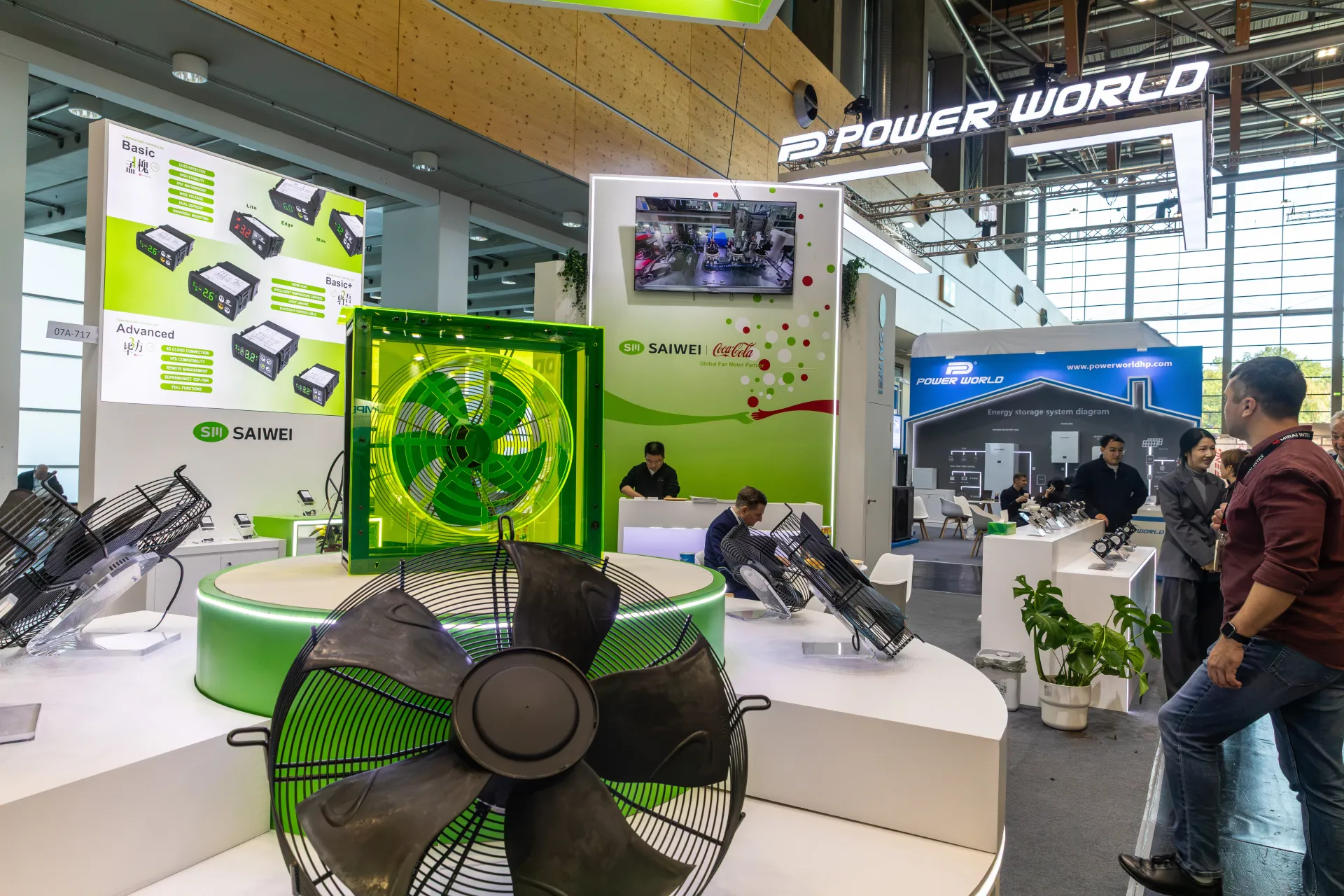 Saiwei axial fans and controllers beside the Power World stand at Chillventa 2026