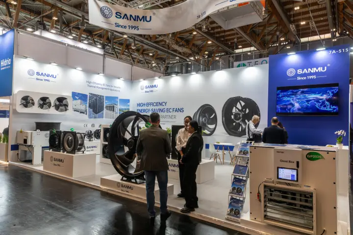 Sanmu stand with EC axial and centrifugal fans, ‘Since 1995’ at Chillventa 2026