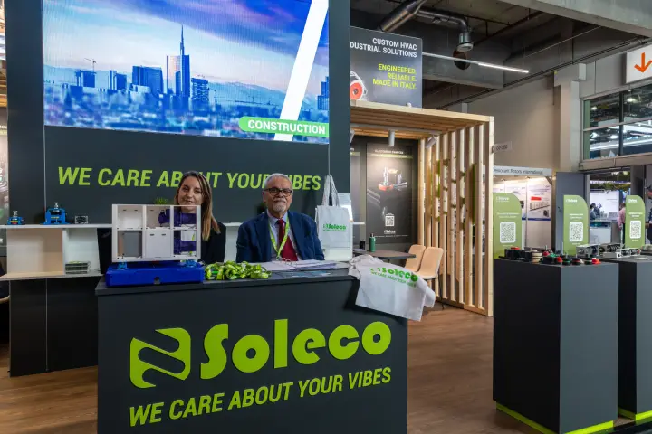 Soleco counter with a city skyline on the LED wall labelled "Construction" at Chillventa 2026