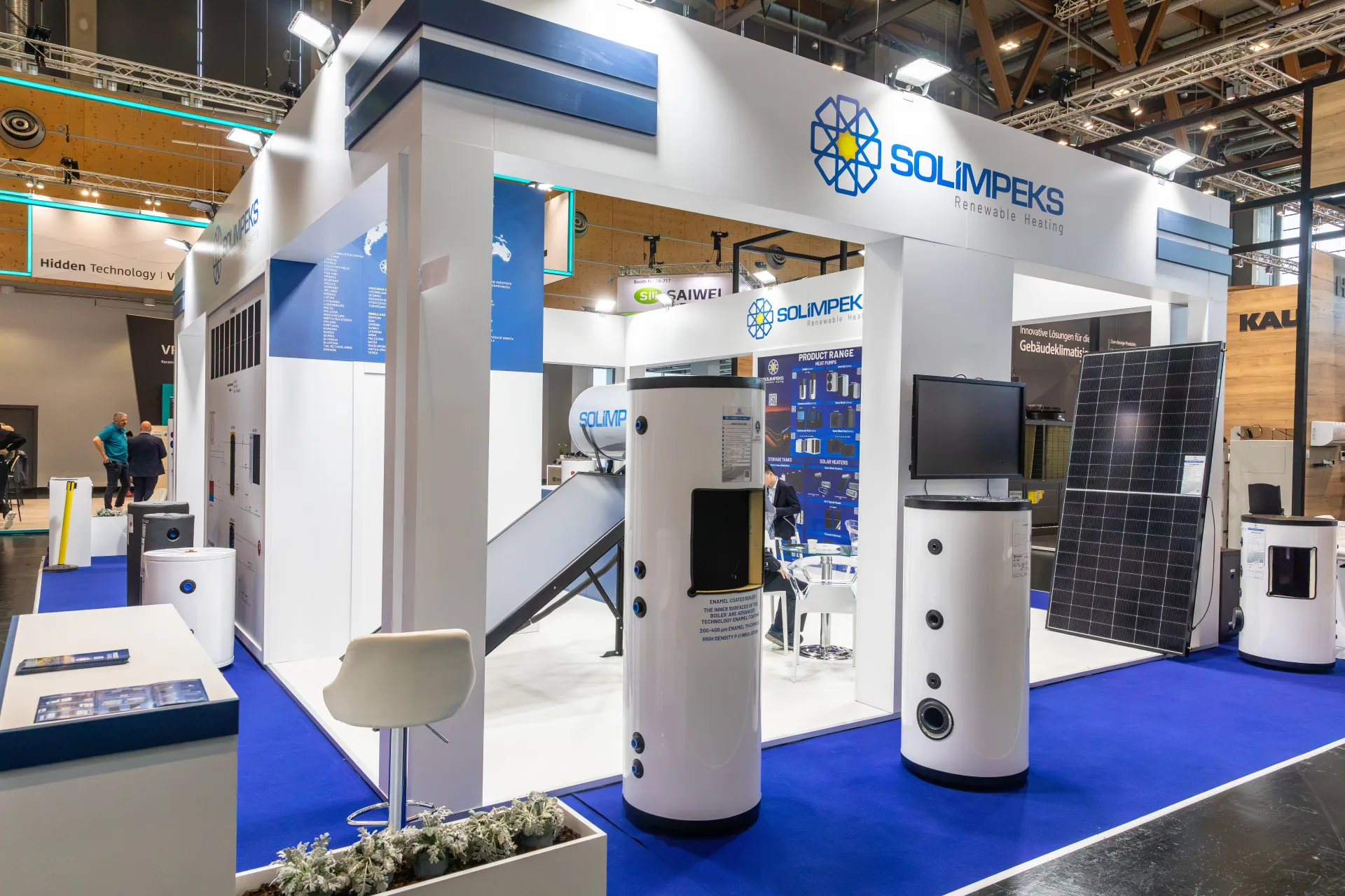Solimpeks stand with hot water tanks, solar collector and PV panel at Chillventa 2026