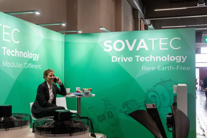 Sovatec "Drive Technology" wall with a rare-earth-free motor drawing at Chillventa 2026