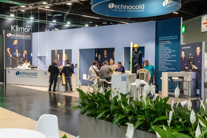 Technocold wholesale stand with product list and busy meeting tables at Chillventa 2026