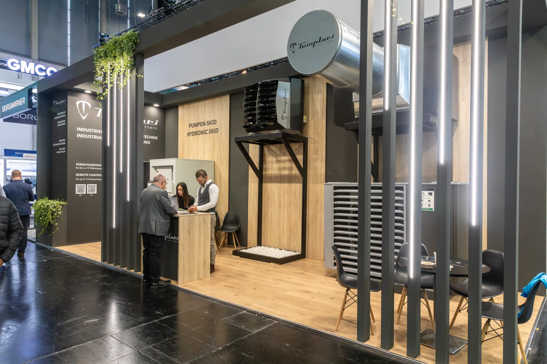 Templari stand with "Pumpen-Skid Hydronic Skid" and industrial heat pumps at Chillventa 2026