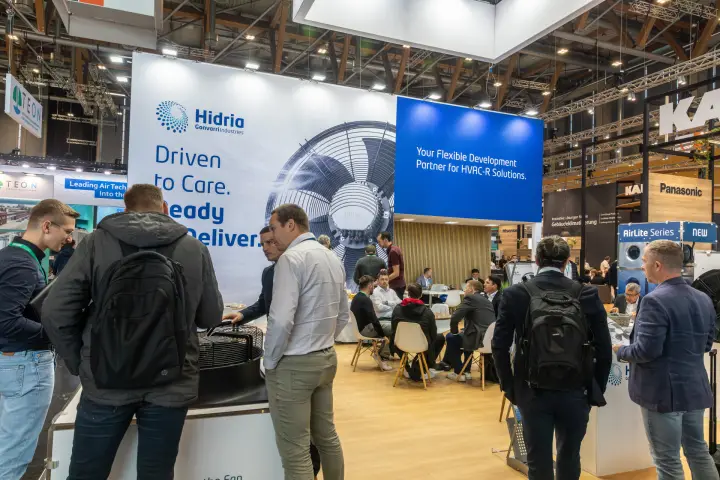 Visitors gathered around fan exhibits at the Hidria stand at Chillventa 2026