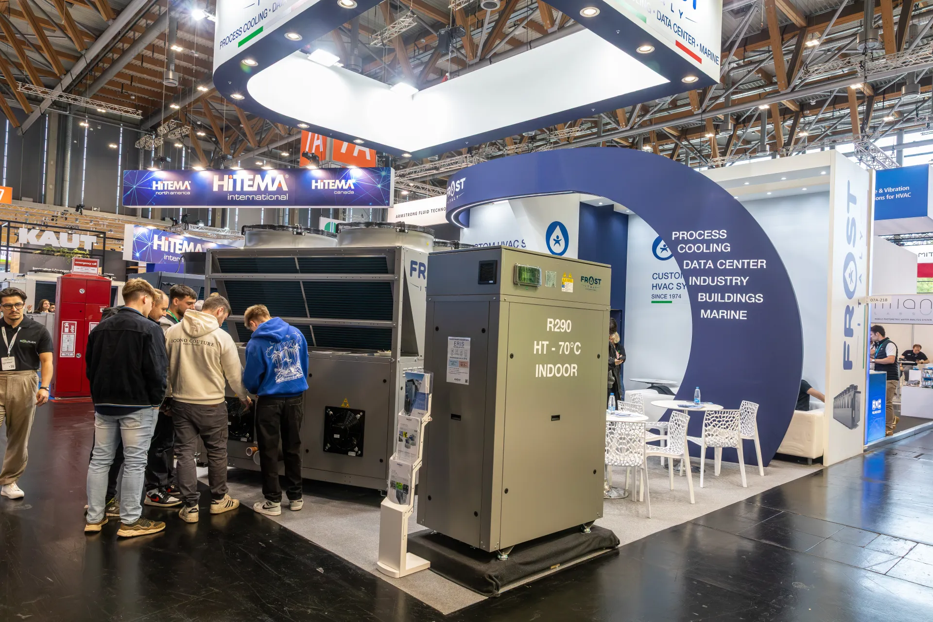 Visitors inspect a Frost Italy unit beside an R290 indoor high-temperature model at Chillventa 2026