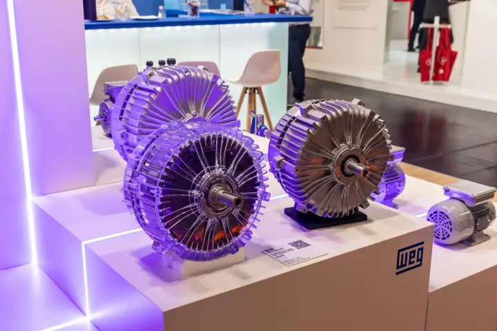 WEG compact motors including a transparent-housing model showing the stator at Chillventa 2026