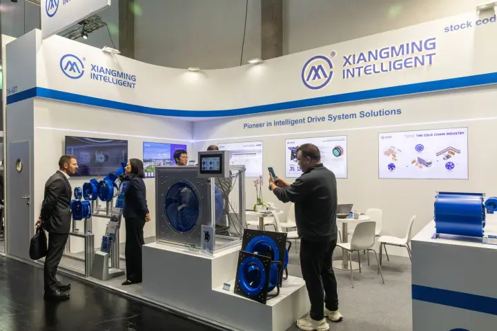 Xiangming Intelligent stand with blue EC fans and a fan test box at Chillventa 2026
