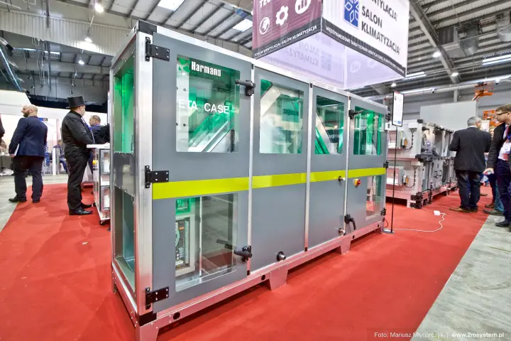 Harmann ETA CASE air handling unit with green-lit glass doors at Forum Wentylacja 2016