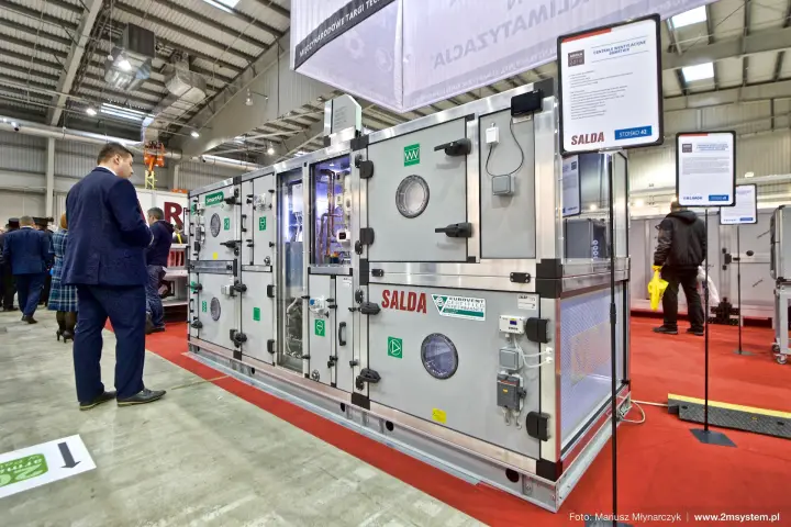 Rear side of Salda SmartAir AHU with Eurovent label and info board at Forum Wentylacja 2016