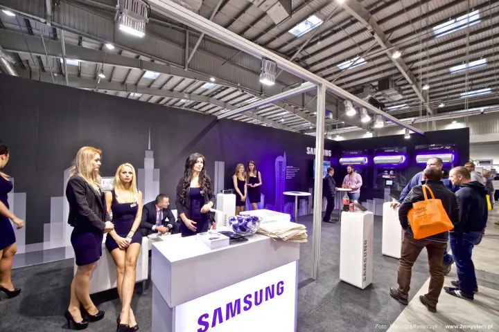 Samsung stand with skyline graphics and Prestige, Premium, Classic+ split units