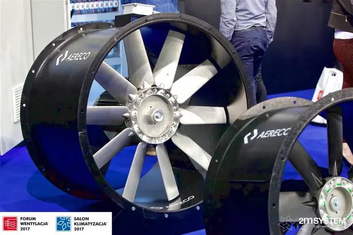 Aereco axial duct fans with silver aluminium blades in black casings at Forum Wentylacja 2017